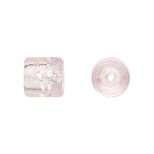 Cord end 1pkg2 glass, 11mm round tube / wavy line pattern / 5mm inside diameter, translucent pink / silver-colored foil