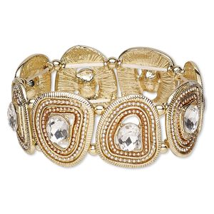 Bracelet, stretch, glass rhinestone / silver- / copper-plated / gold-finished "pewter" (zinc-based alloy), clear, 28mm wide with freeform, 6-1/2 inches. Sold individually.