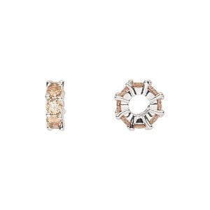 Bead 1pkg2 silver-plated, 10.5x3.5mm rondelle, brass / topaz cubic zirconia