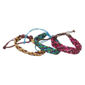 Bracelet, leather, multicolored, 12.5mm wide, woven, adjustable from 7-9 inches with macram&eacute; knot closure. Sold per pkg of 3.