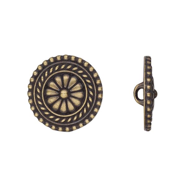Button, TierraCast&reg;, antique brass-plated pewter (tin-based alloy), 18mm beaded flat round with flower and loop. Sold per pkg of 20. image number 0
