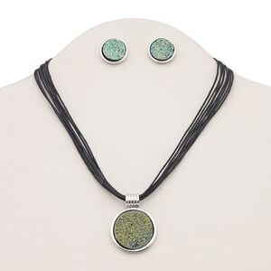 Necklace and earring set, 8-strand, druzy (imitation) / waxed cotton cord / silver-plated brass / steel / "pewter" (zinc-based alloy), rainbow and black, 30mm round, 16 inches with 3-inch extender chain and lobster claw clasp, 19mm round with post. Sold per set.