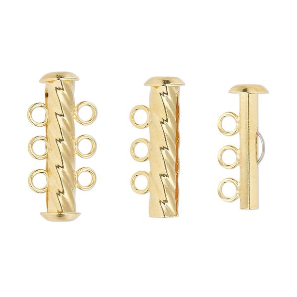 Clasp slide lock 1pkg4 gold-plated, 21x6mm corrugated round tube, brass 3-strand image number 0