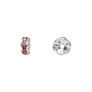 Bead 1pkg10 silver-plated, 7x3mm rondelle, brass / rose rhinestone