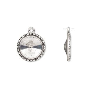 Drop, Almost Instant Jewelry&reg;, antique silver-finished "pewter" (zinc-based alloy), 19mm round with beaded design and 14mm rivoli setting. Sold per pkg of 6.