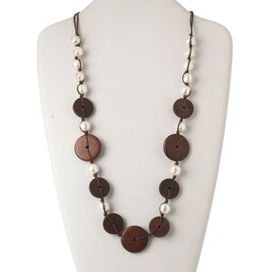 Necklace, wood (dyed) / plastic / waxed cotton cord, white / brown / light brown, 30mm flat round, adjustable up to 48 inches. Sold individually.