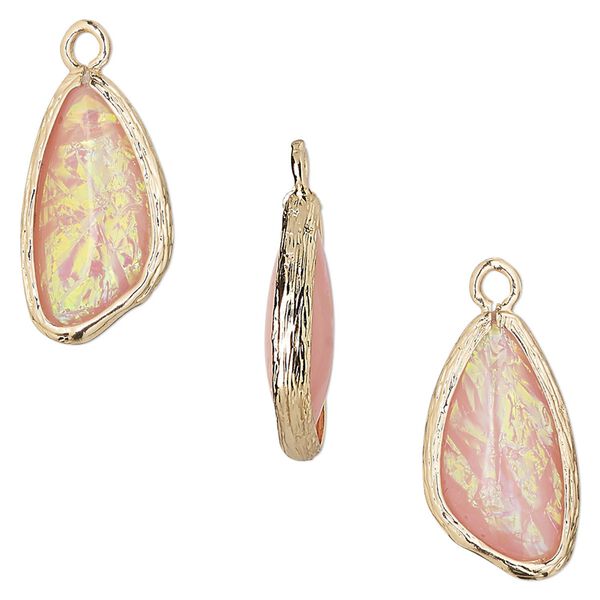 Drop, Opalized Ice&trade;, "opal" (resin) and gold-finished brass, light pink, 19.5x11mm double-sided wing. Sold per pkg of 4. image number 0