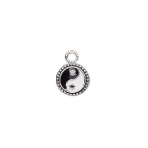 Charm, antique sterling silver / cubic zirconia / enamel, black / clear / white, 10mm single-sided flat round with yin-yang design and beaded edge. Sold individually.