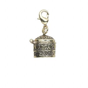 Drop, antique gold-finished "pewter" (zinc-based alloy), 14x13mm cylinder prayer box with heart design and magnetic closure with lobster claw clasp. Sold individually.