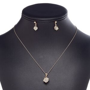 Necklace and earring set, glass rhinestone / rose gold-finished steel / brass / "pewter" (zinc-based alloy), clear, 7.5x7.5mm cube, 18-inch necklace with 2-inch extender chain and lobster claw clasp, 17mm earrings with post. Sold per set.