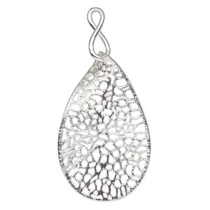 Pendant, silver-finished brass, 58x36mm curved filigree teardrop, bail accepts up to 2.8mm cord. Sold individually.
