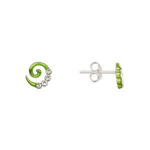 Earstud, Create Compliments&reg;, enamel and sterling silver, green, 7mm swirl. Sold per pair.