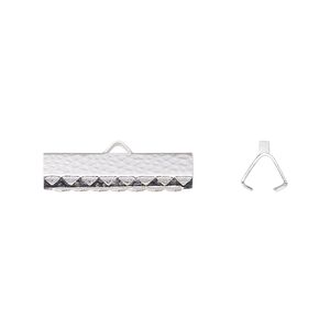 Ribbon crimp end 1pkg100 silver-plated, 20x5mm hammered rectangle, brass