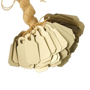 Tag, PVC plastic and cotton, gold, 4/5 x 2/5 inch. Sold per pkg of 100.