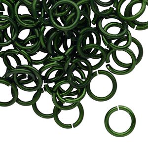 Jump ring 1pkg100 aluminum, 10mm round, 15 gauge / 7.2mm inside diameter / dark green