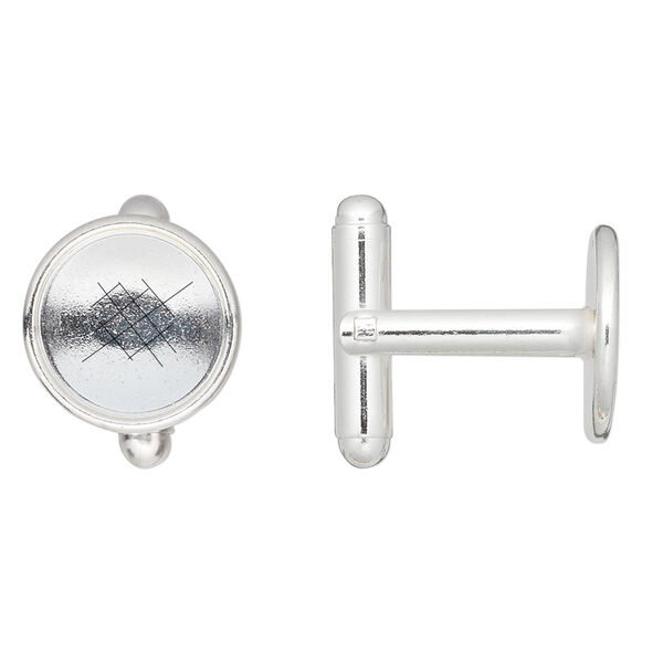 Cuff link 1pkg2 silver-finished brass, 12mm round bezel setting. 1 pair. image number 1