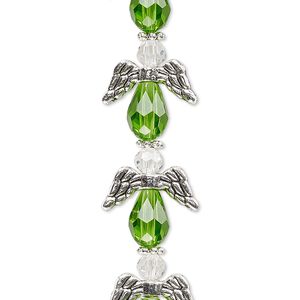 Bead mix 1pkg6 silver-plated "pewter", 17x14mm angel, lime green & clear / antique