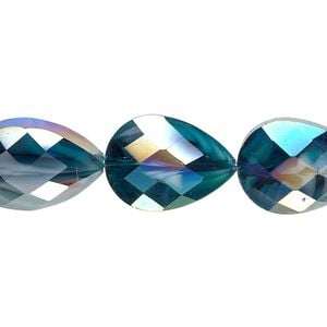 Bead, millefiori glass, marbled teal AB, 18x13mm faceted teardrop. Sold per 8-inch strand, approximately 10 beads.