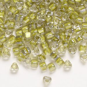 Seed bead, Miyuki, glass, transparent clear color-lined yellow green, (1125), #5 triangle. Sold per 250-gram pkg.