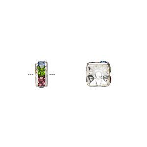 Bead 1pkg10 silver-plated, 6x3mm squaredelle, brass / light multicolored rhinestone