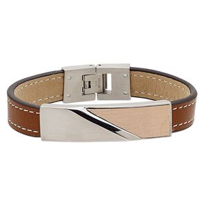 Bracelet, leather (dyed) with stainless steel and antiqued copper, light brown and white, 13mm wide with brushed design and 45x13mm curved rectangle, 6-1/2 inches with fold-over clasp. Sold individually.