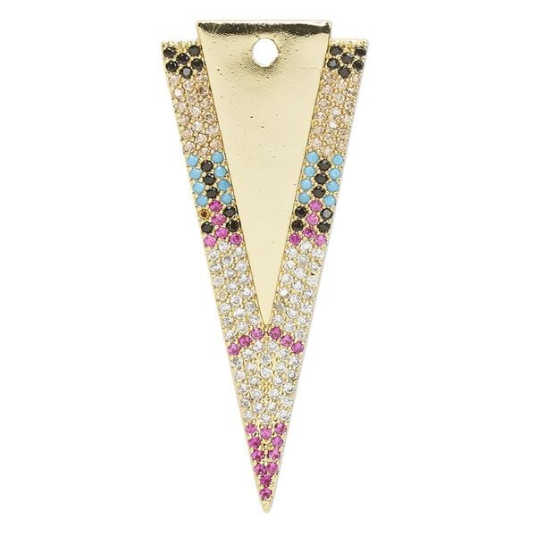 Focal, cubic zirconia and gold-finished brass, multicolored, 41x17.5mm single-sided arrowhead. Sold individually. image number 0