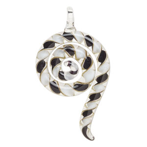 Focal, lampworked glass 1pkg1, opaque black / clear / white with copper-colored glitter, 3x1.5 inch swirl.