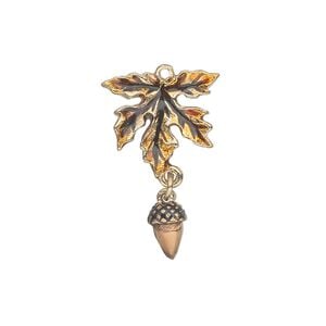 Charm, gold-finished "pewter" (zinc-based alloy) and enamel, brown and orange, 26x16mm single-sided leaf with dangling acorn. Sold individually.