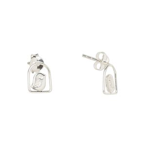 Earstud, Create Compliments&reg;, sterling silver, 9x7.5mm bird in cage. Sold per pair.