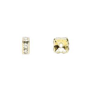 Bead 1pkg10 gold-finished, 6x3mm squaredelle, brass / clear rhinestone