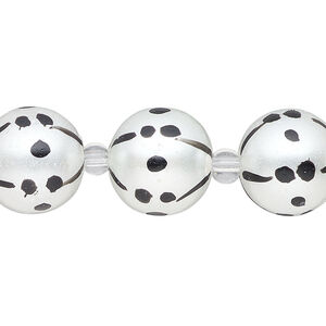 Bead, glass 1pkg8, opaque black and white, 14mm hand-painted round.