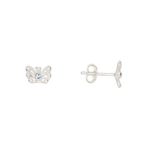 Earstud sterling silver / Preciosa crystal 1pkg2, 8x5mm butterfly / earnuts included, Create Compliments&reg; aqua blue 1 pair