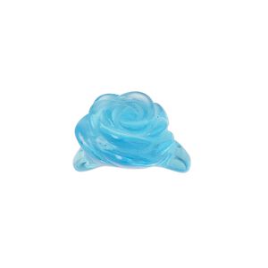 Ring component, glass, translucent bright blue, 17x15mm-19x17mm carved flower. Sold Individually.