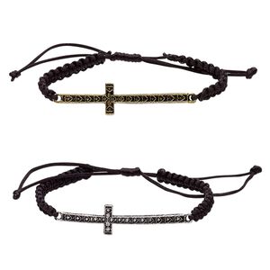 Bracelet, nylon with antique silver- and brass-plated "pewter" (zinc-based alloy), black, 15mm wide with 60x15mm curved cross and hearts, adjustable from 6 to 8-1/2 inches with macram&eacute; knot closure. Sold per pkg of 2.