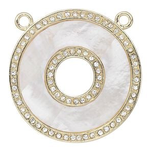 Focal, mother-of-pearl shell / gold-finished pewter (tin-based alloy) / Czech crystal 1pkg1, clear and white, 39mm single-sided flat donut with 2 top loops.