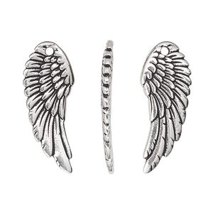 Charm, TierraCast&reg;, antique silver-plated pewter (tin-based alloy), 27.5x11mm two-sided curved wing. Sold per pkg of 2.
