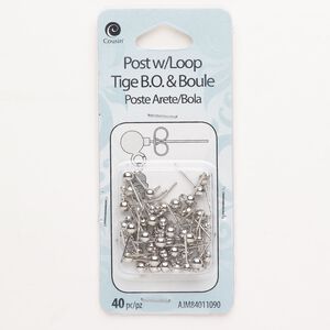 Ear stud 1pkg40, 5mm ball / perpendicular open loop, silver-finished steel 20 pair