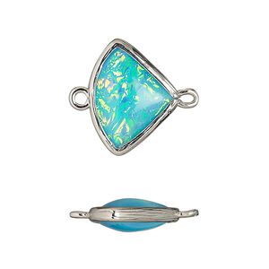 Link, Opalized Ice&trade;, "opal" (resin) and imitation rhodium-finished brass, opaque light blue, 19x15mm double-sided fan. Sold per pkg of 4.