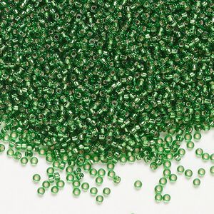 Seed bead, Miyuki, glass, pkg/35g, #15 rocaille, transparent silver-lined green (RR-16).