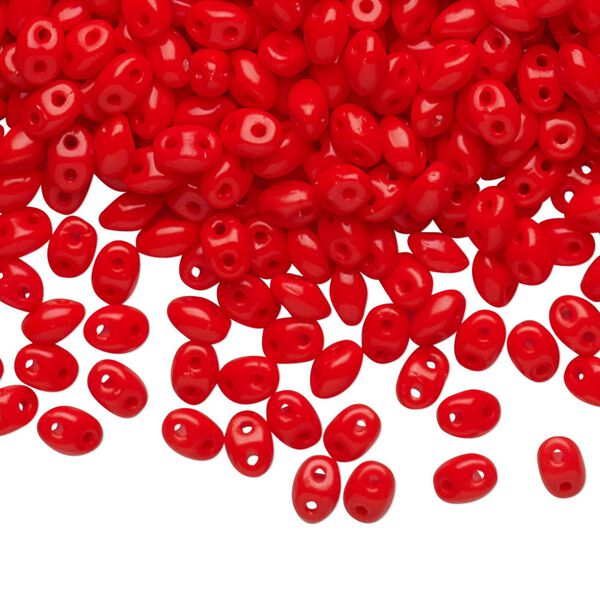 Bead, Preciosa Twin&trade;, Pressed Twin, Czech pressed glass, orange-red, 5x2.5mm oval with 2 holes. Sold per 10-gram pkg. image number 0