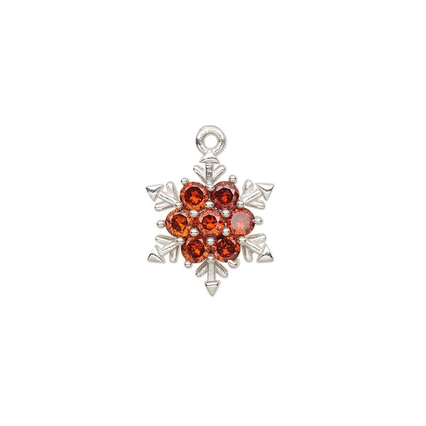 Charm, sterling silver and cubic zirconia, orange, 15mm snowflake. Sold individually. image number 0