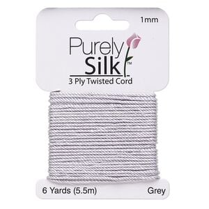 Cord, Purely Silk&trade;, 3-ply, grey, 1mm twisted. Sold per 6-yard card.