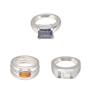 Ring mix, Create Compliments&reg;, multi-gemstone (natural / dyed / heated / irradiated) / glass / sterling silver, multicolored, 2-16mm wide, size 5 to 5-1/2. Sold per pkg of 3.
