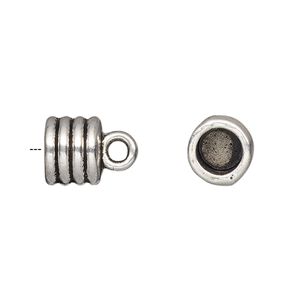 Cord end glue-in 1pkg4 "pewter", 9.5x8.5mm ribbed barrel / 6.5mm inside diameter, antiqued / silver-finished