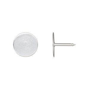 Tie tac 1pkg100 silver-finished, 12mm flat round pad, brass