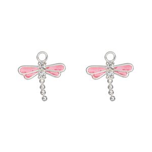 Charm, crystals / sterling silver / enamel, pink and crystal clear, 13x11mm single-sided dragonfly. Sold per pkg of 2.