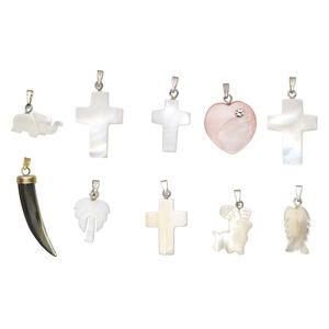 Pendant mix, mother-of-pearl shell (natural / bleached / dyed) / glass rhinestone / silver-finished steel / "pewter" (zinc-based alloy) 1pkg10, 17x13mm-20x20mm mixed shape.