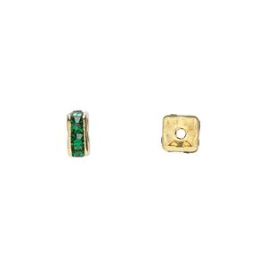 Bead 1pkg10 gold-finished, 6x3mm squaredelle, brass / emerald green rhinestone