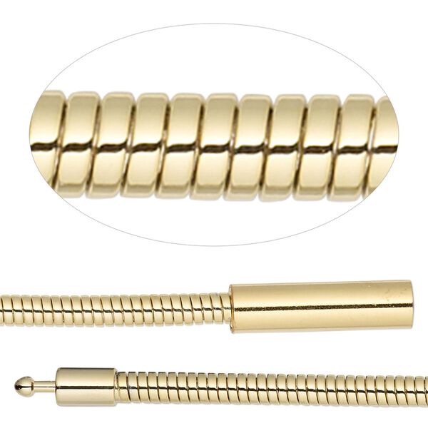 Chain 1pkg1 gold-plated omega, 3mm / fits 4.5mm or larger hole / pop-style clasp, brass 7.5 inch image number 0