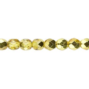 Bead, Czech fire-polished glass, opaque to translucent clear with half-coat metallic yellow gold, 6mm faceted round. Sold per 15-1/2" to 16" strand.